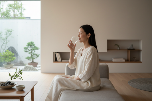 リビングでコップの水を飲んでいる女性